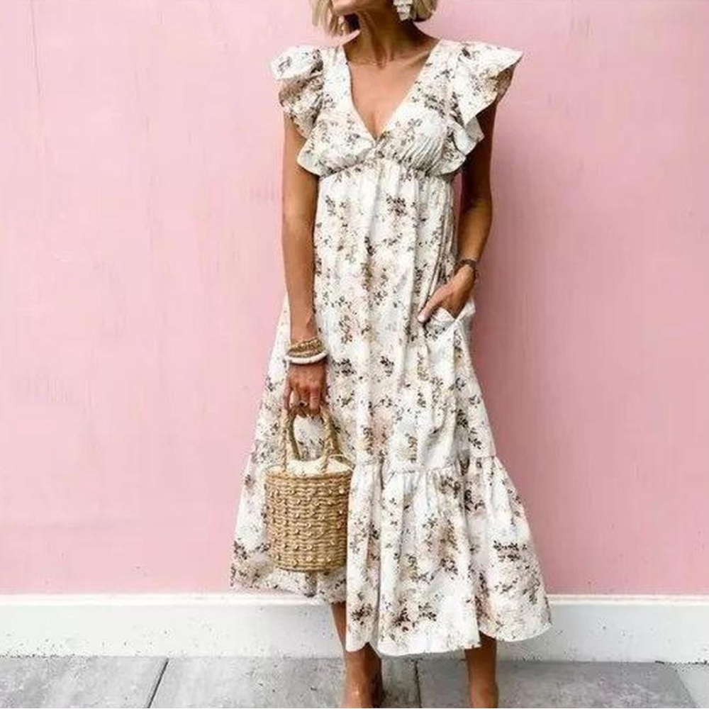 Abercrombie and Fitch Flutter Sleeve Tiered Midi Dress Floral Romantic Small